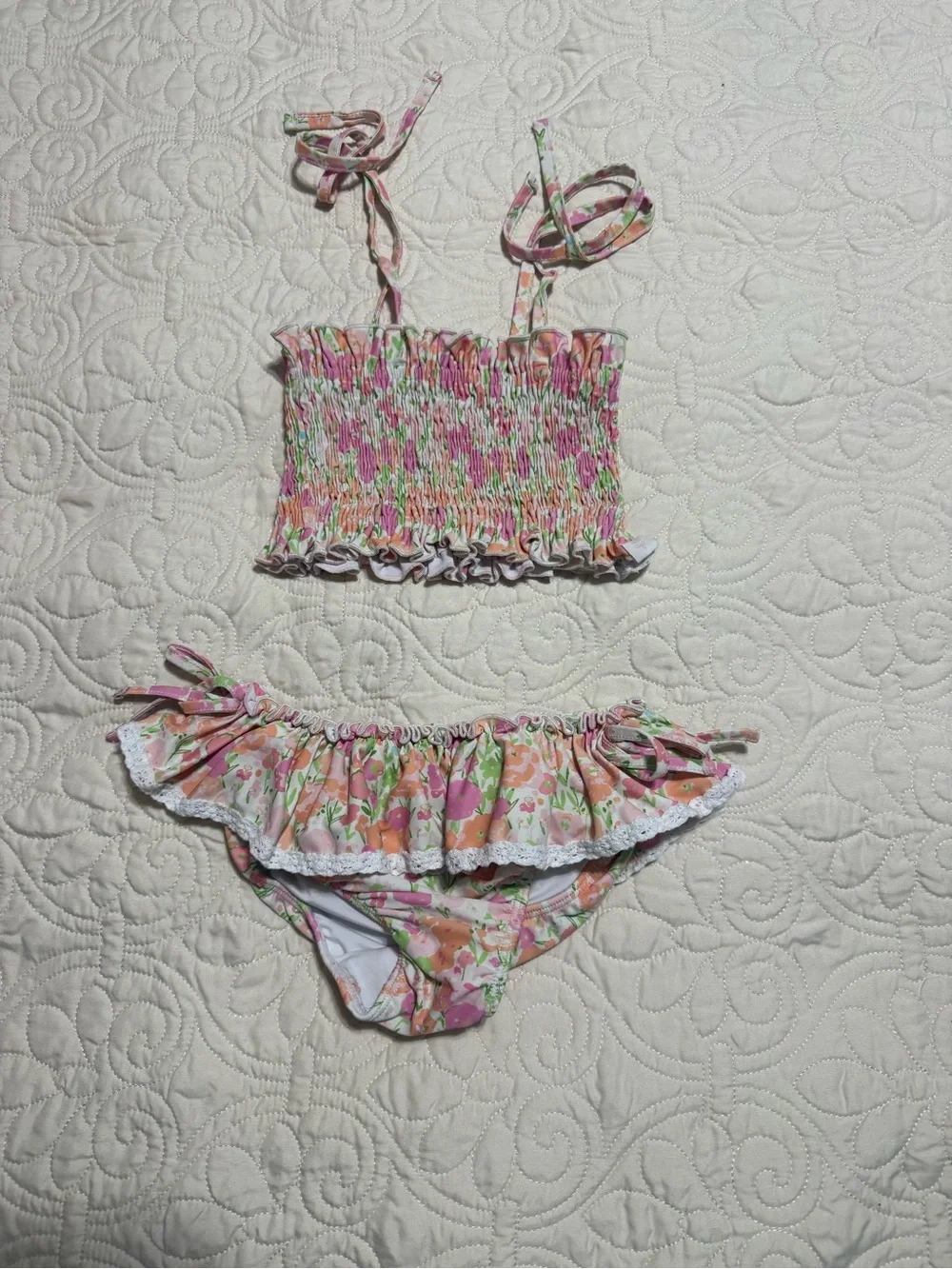 Sweet Honey brand pink orange Floral Ruffle Two-Piece Bikini Set 4T stretchy top